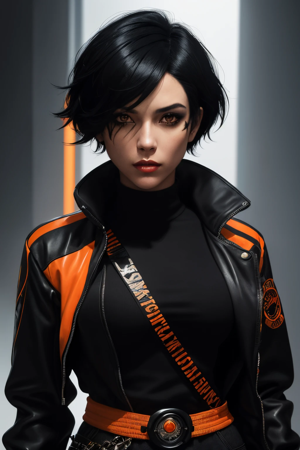 "Create a masterpiece, with a woman, from the front, short hair, black hair and the right of it with an orange streak, dressed in a black jacket, imposing, with a pistol on her waist, detailed her face and body and clothes. The resolution texture should be 16k."