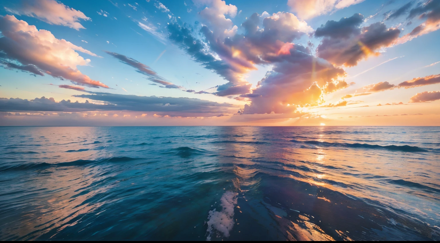 Rainbow colorful sunset on blue pink sky yellow clouds skyline, water sea reflection beautiful landscape summer nature