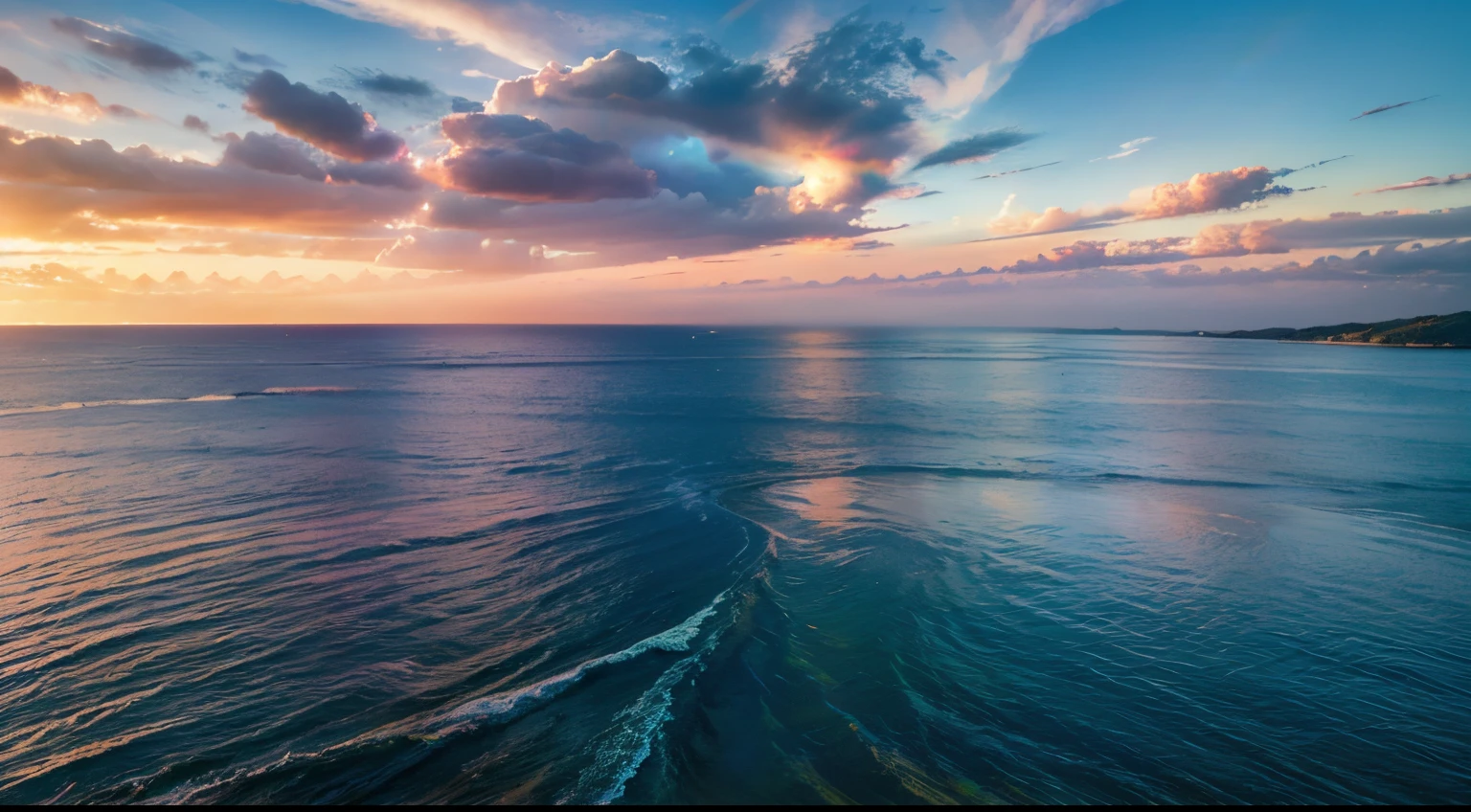 Rainbow colorful sunset on blue pink sky yellow clouds skyline, water sea reflection beautiful landscape summer nature