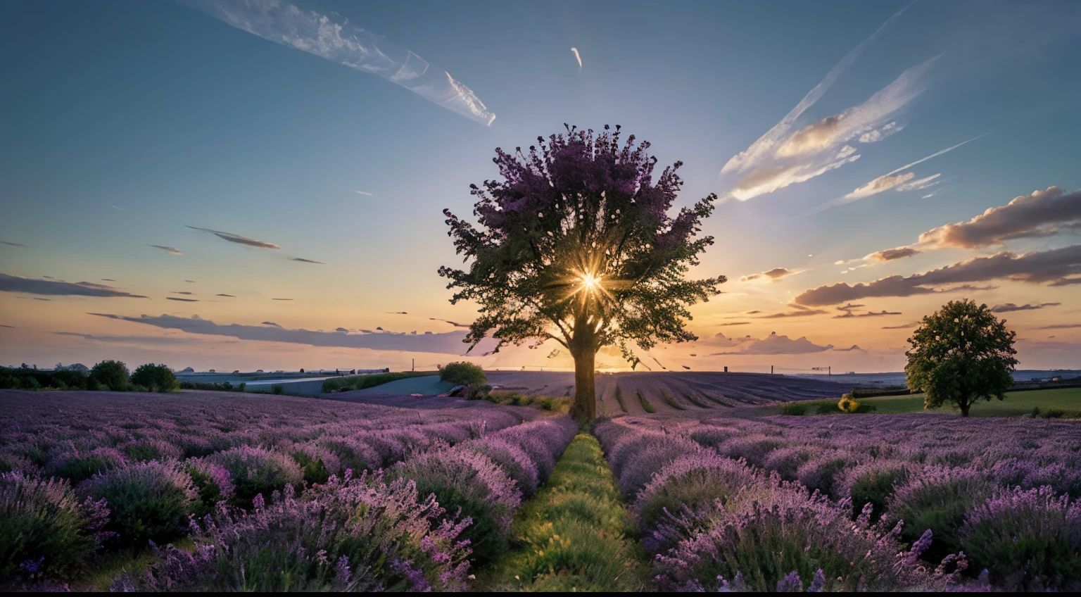 Stunning lavender field landscape Summer sunset with single tree
