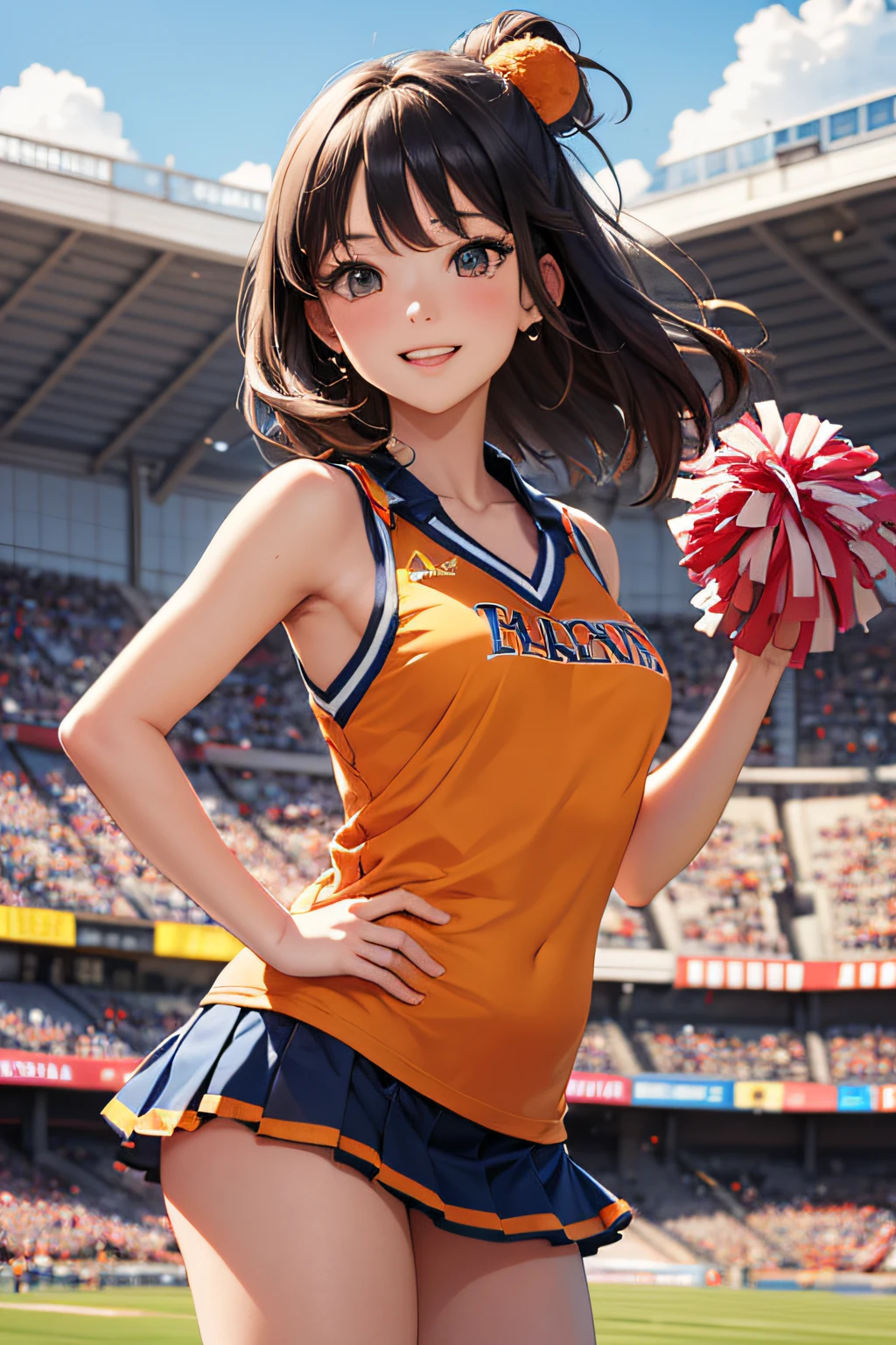 very cute and beautiful cheerleader girl,(very detailed beautiful face and eyes:1.2),(holding a pom pom:1.2),(Laugh),
(Stadium Stand),Cowboy Shot,Dynamic Pose,zettai ryouiki,(orange sleeveless shirt),Beautiful legs,White panties,Dynamic Angle,Black hair,
(Best Quality,masutepiece:1.2),Intricate details,Extremely detailed,Ultra-detailed,hight resolution,Solo,Looking at Viewer,
Natural lighting,Hair fluttering in the wind,Beautiful detailed sky,