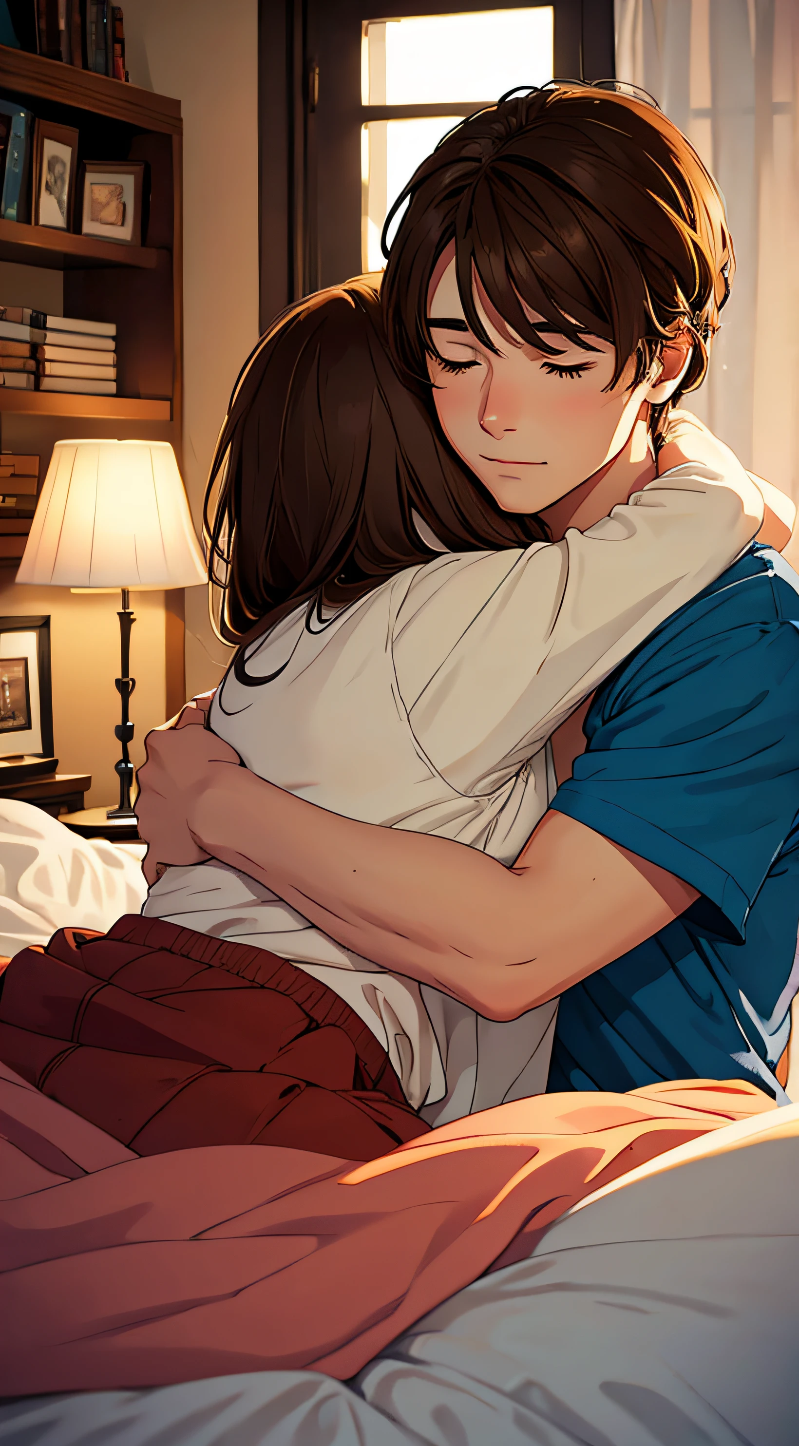 a girl with brown hair lies and hugs a guy with brown hair in bed. Love