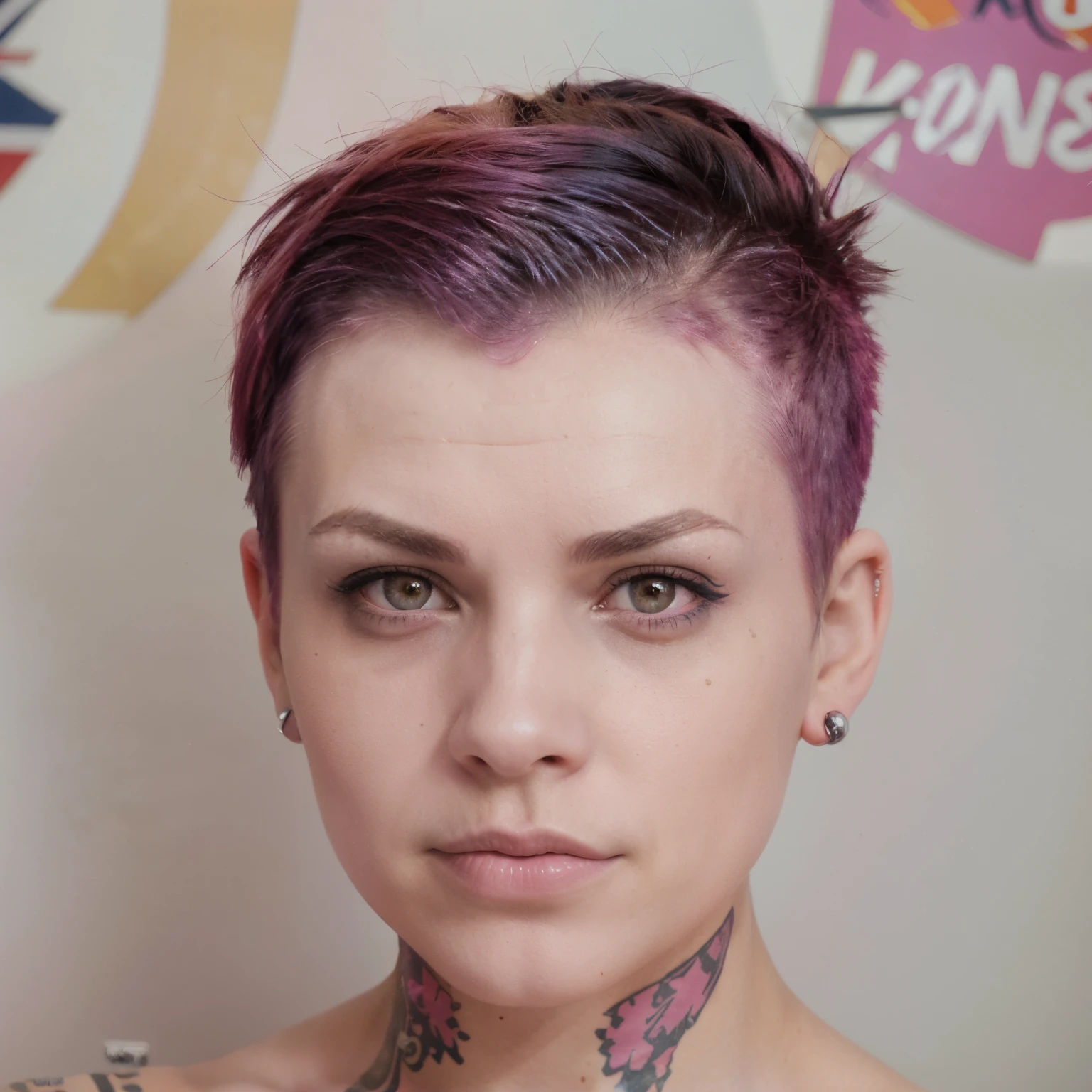 Beautiful punk woman with a coloured Mohawk and shaved underside hairstyle wearing a Union Jack crop top, piercings,intense eye contact, face and upper body image, pink hair, buetifull, buetifull face, perfect shaped face,