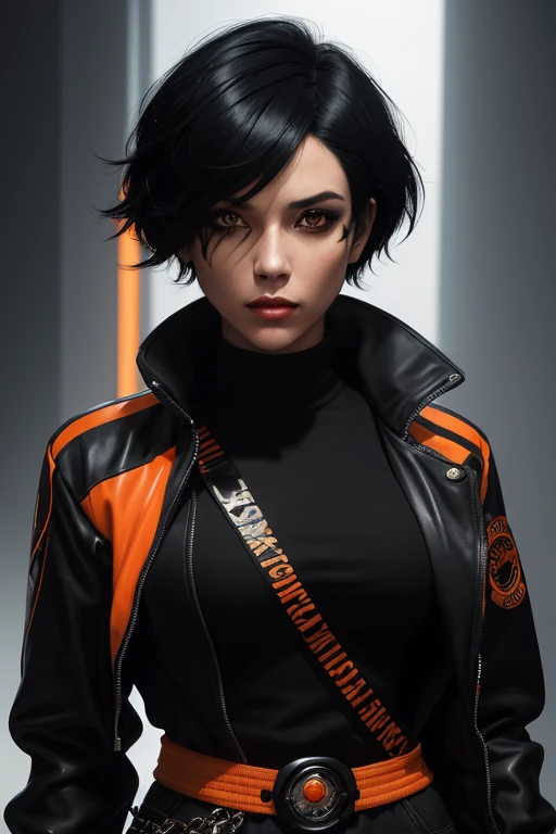 "Create a masterpiece, with a woman, from the front, short hair, black hair and the right of it with an orange streak, dressed in a black jacket, imposing, with a pistol on her waist, detailed her face and body and clothes. The resolution texture should be 16k."