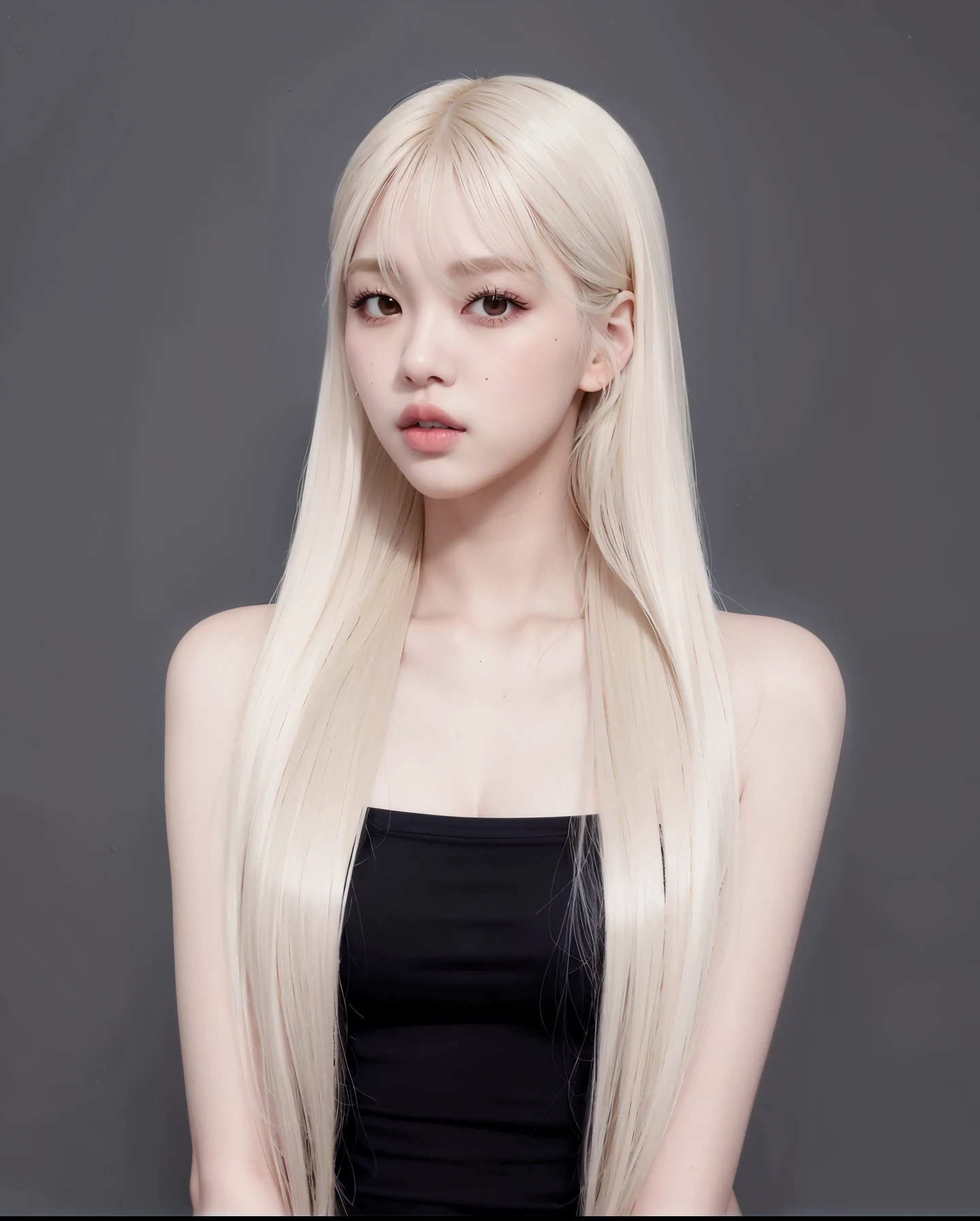 uma mulher com longos cabelos loiros e um vestido preto, longos cabelos brancos e franja, Lalisa Manobal, Lalisa Manoban do Blackpink, branco hime corte penteado, com longos cabelos brancos, cabelos lisos brancos, cabelo comprido com franja completa, Parque Roseanne do Blackpink, cabelos lisos longos e brancos, com cabelos longos brancos, cabelos longos platinados;, Franja reta longa