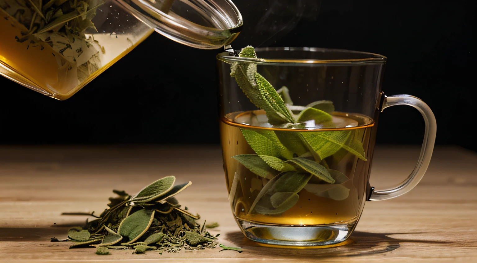 Imagem de ((Sage Tea)), sendo colocado em copos transparentes, showing some ingredients of what it is made of, I really want clarity with every possible detail in this image.