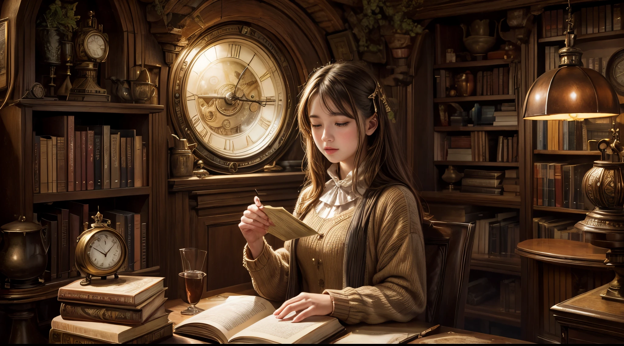 "Photorealistic painting, ((captivating)) scene of a girl absorbed in reading, antique books, cozy hobbit cave, intricate clock with moving gears, ((nostalgic)), detailed, warm palette"