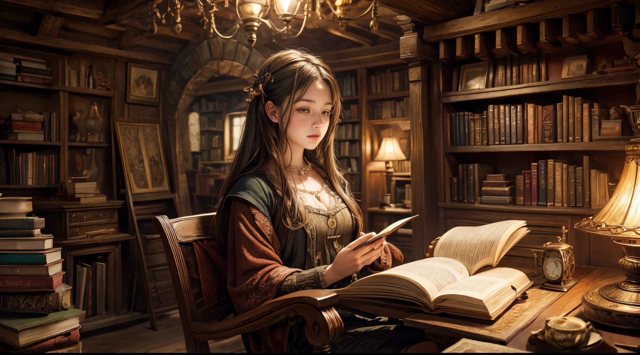 "Photorealistic painting, ((captivating)) scene of a girl absorbed in reading, antique books, cozy hobbit cave, intricate clock with moving gears, ((nostalgic)), detailed, warm palette"