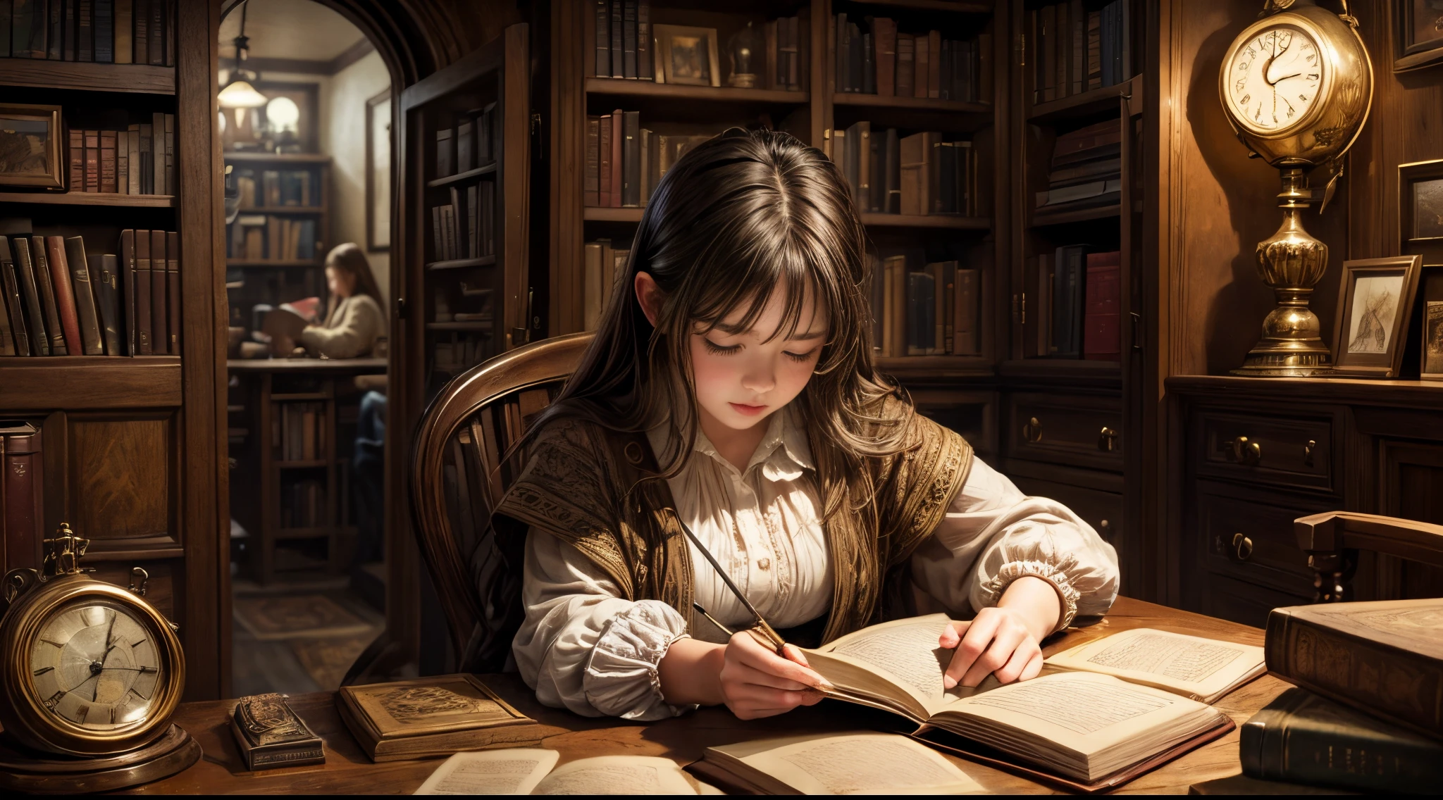 "Photorealistic painting, ((captivating)) scene of a girl absorbed in reading, antique books, cozy hobbit cave, intricate clock with moving gears, ((nostalgic)), detailed, warm palette"