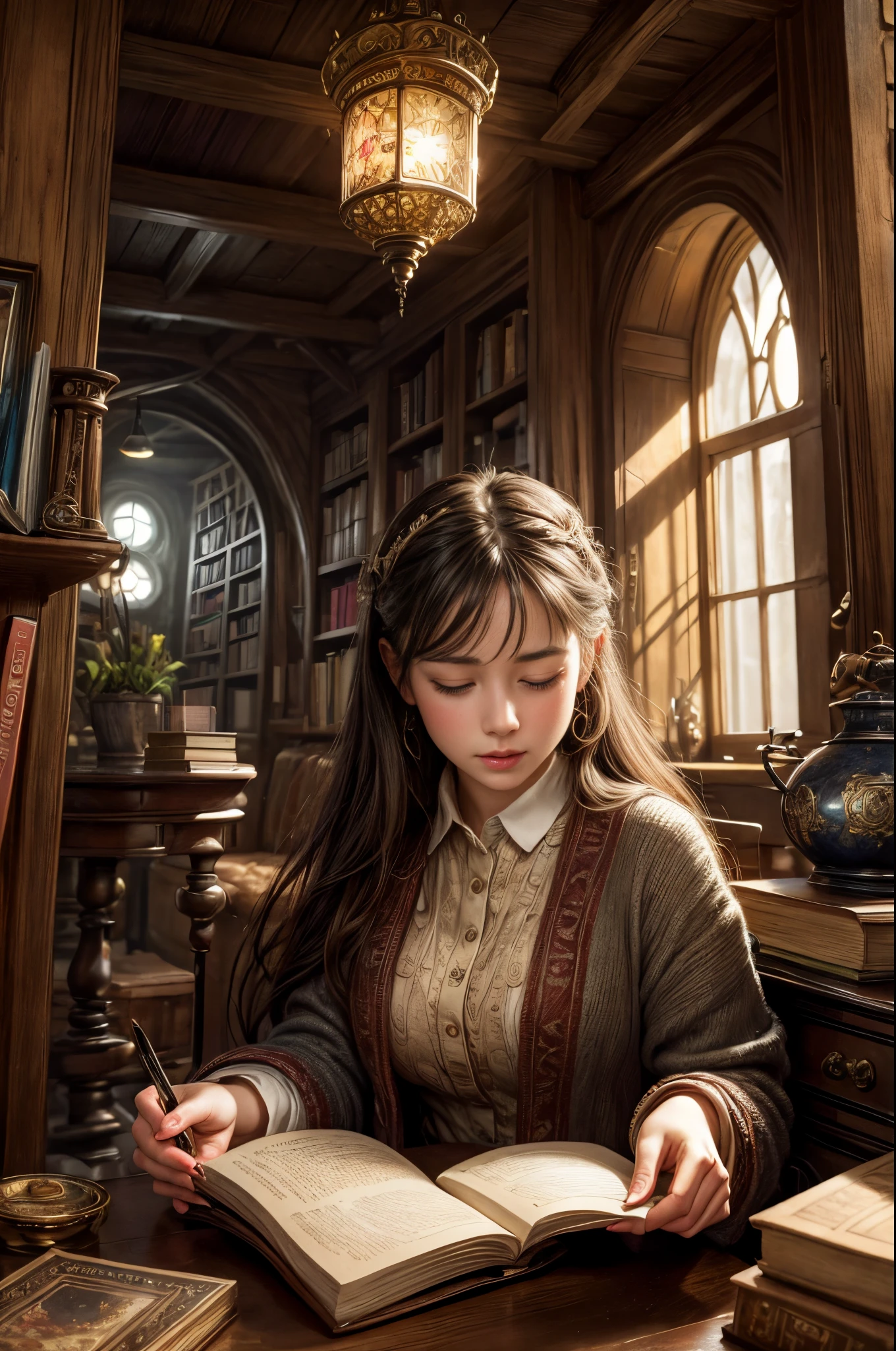 "Photorealistic painting, ((captivating)) scene of a girl absorbed in reading, antique books, cozy hobbit cave, intricate clock with moving gears, ((nostalgic)), detailed, warm palette"