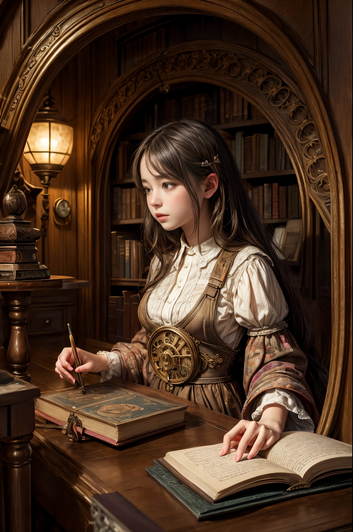 "Photorealistic painting, ((captivating)) scene of a girl absorbed in reading, antique books, cozy hobbit cave, intricate clock with moving gears, ((nostalgic)), detailed, warm palette"