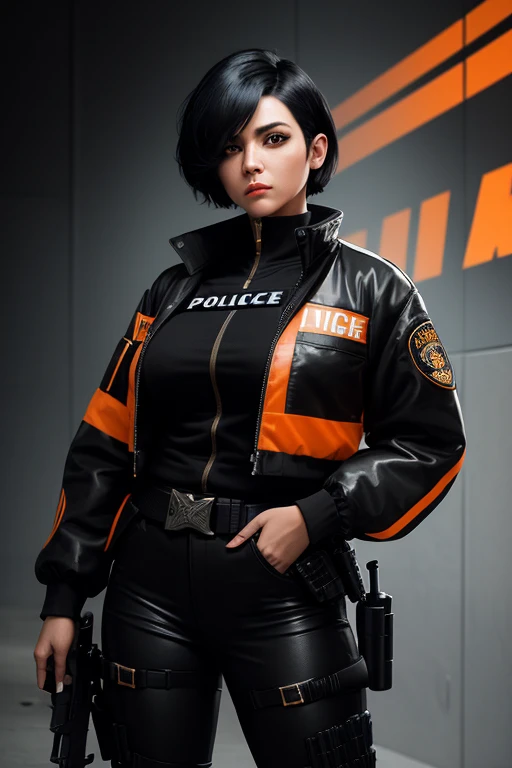 "Create a masterpiece, with a woman, from the front, short hair, black hair and the right of it with an orange streak, dressed in a black jacket, imposing, with a pistol on her waist, detailed her face and body and clothes( Police officer). The resolution texture should be 16k."