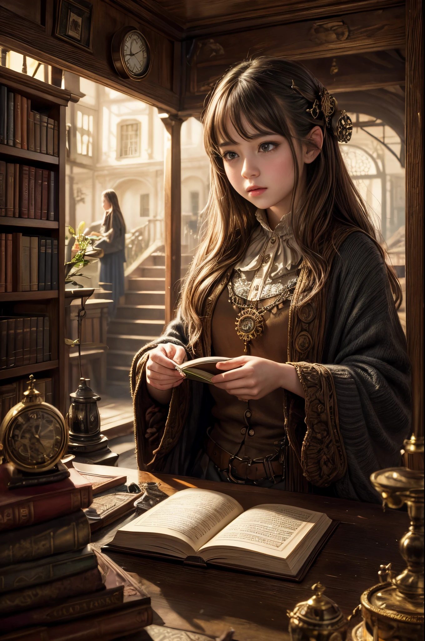 "Photorealistic painting, ((captivating)) scene of a girl absorbed in reading, antique books, cozy hobbit cave, intricate clock with moving gears, ((nostalgic)), detailed, warm palette"