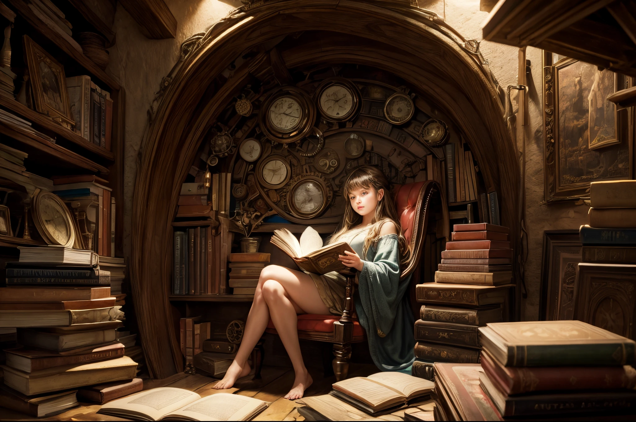 "Photorealistic painting, ((captivating)) scene of a girl absorbed in reading, antique books, cozy hobbit cave, intricate clock with moving gears, ((nostalgic)), detailed, warm palette"