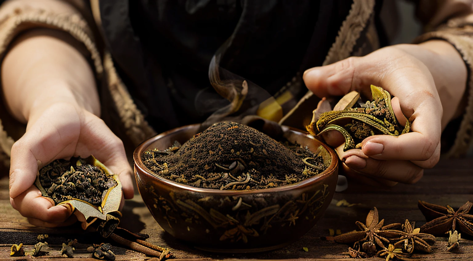Imagem de ((Black Tea with Spices (garrafa))), sendo colocado em copos transparentes, showing some ingredients of what it is made of, I really want clarity with every possible detail in this image.