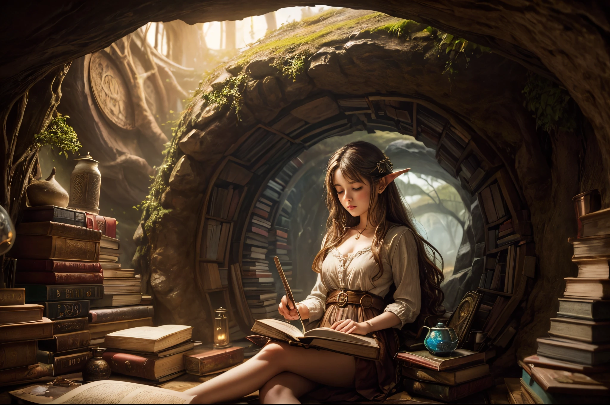 "Oil painting, ((dreamy)) girl reading ancient books, warm light ((inside a mystical hobbit cave)), magical atmosphere, whimsical clock, enchanting, cozy, detailed"