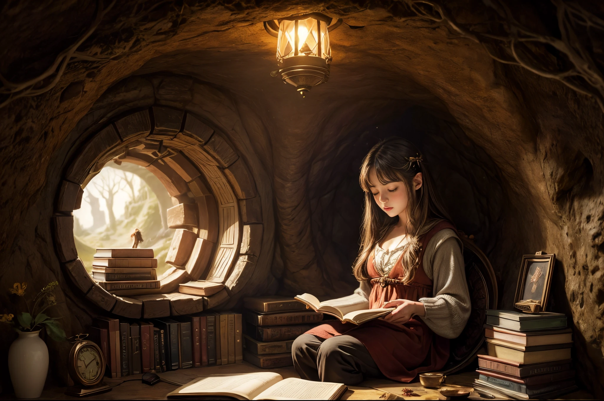 "Oil painting, ((dreamy)) girl reading ancient books, warm light ((inside a mystical hobbit cave)), magical atmosphere, whimsical clock, enchanting, cozy, detailed"
