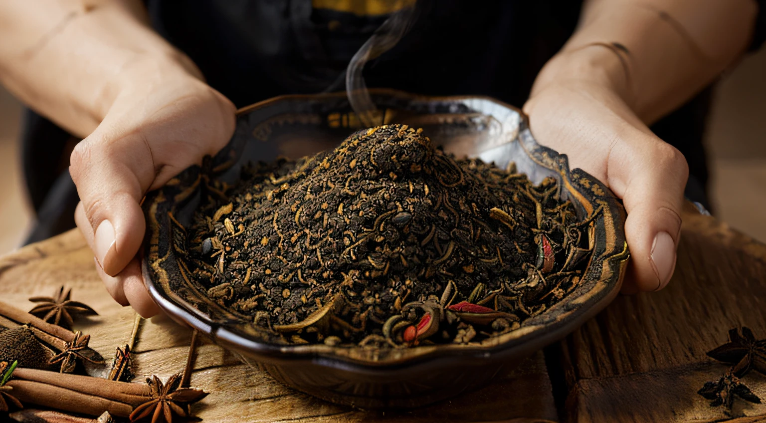 Imagem de ((Black Tea with Spices (garrafa))), sendo colocado em copos transparentes, showing some ingredients of what it is made of, I really want clarity with every possible detail in this image.