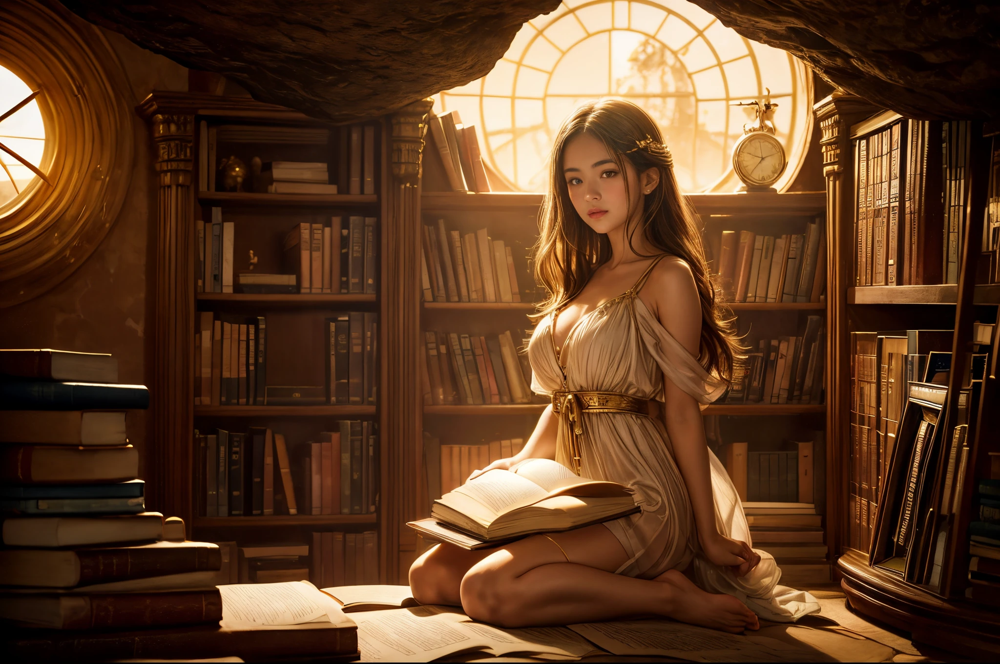 "Photograph, golden hour, ((intimate)) portrait of a girl surrounded by books, sun-kissed cave entrance, ((dreamlike)) clock suspended in mid-air, ethereal, bookish, rule of thirds"