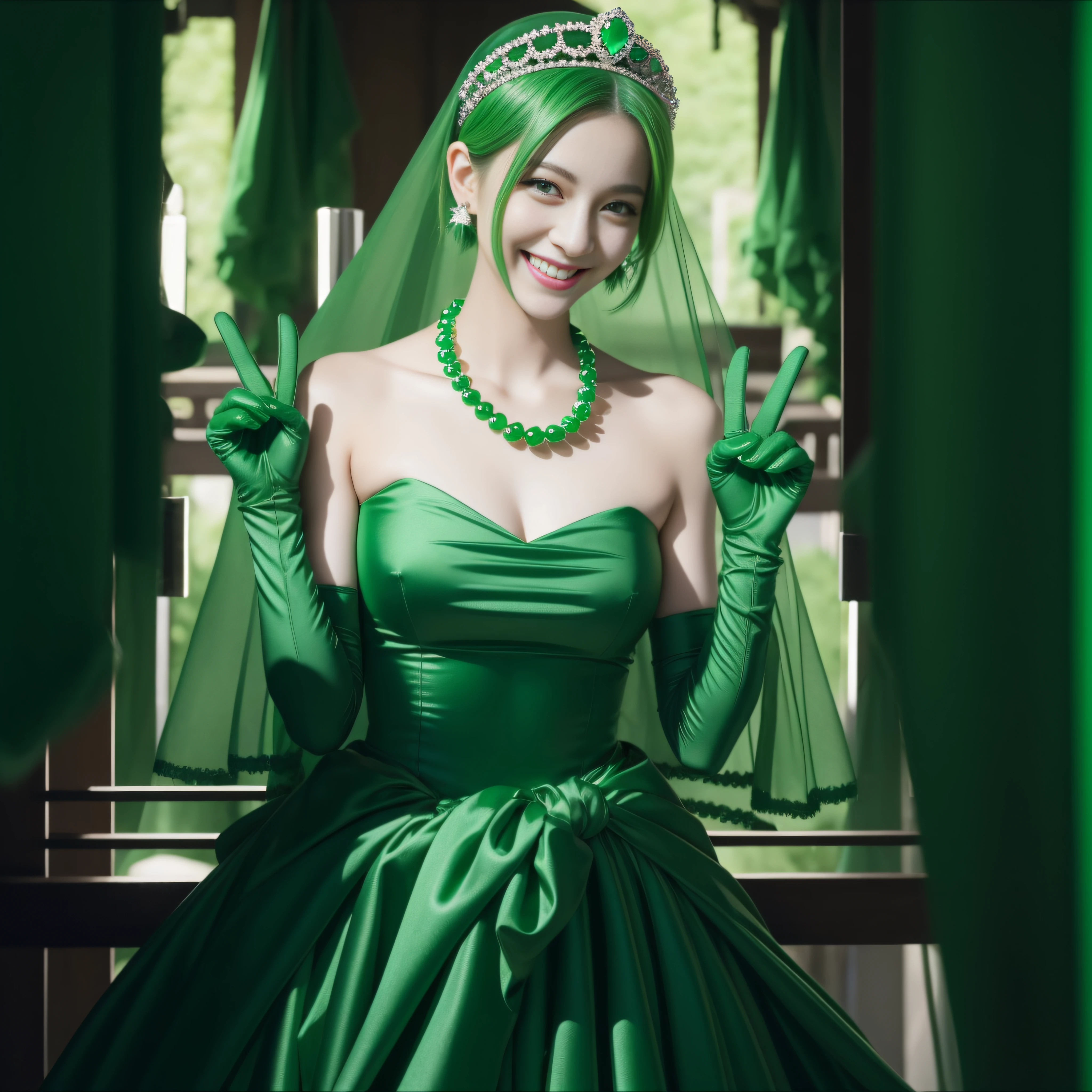 emerald tiara, Green Pearl Necklace, Boyish very short green hair, lipsticks, Japan woman smiling, very short short hair, big breasts beautiful, Green eyes, Long green gloves made of satin material, Green eyes, v sign,V-sign with both hands, Emerald Earrings, Green hair