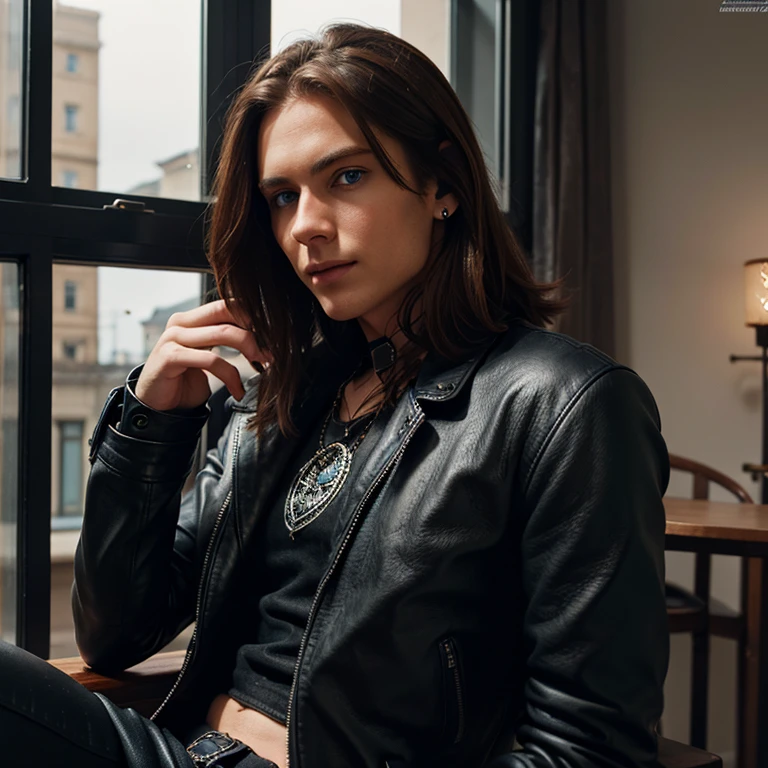 A Male Automaton With Brown Hair And Blue Eyes Wearing A Leather Jacket And Black Jeans
