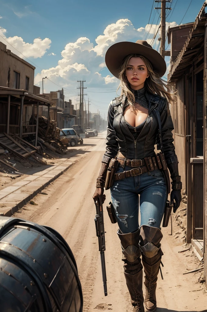 Create a cinematic, filmic image ((best quality)), ((masterpiece)), ((realistic)) of [post nuclear town] in [fallout style], with [detailed linework], [dynamic shading], and [rich colors]. Show [young caucasian woman] [Desert Ranger] named [AnjelikaV2:1.5] and her [full body], with [expressive facial features] and [fluid body movements], and close attention paid to [costume design] and [background details]. The art style should capture the [post-apocalyptic setting] of the image.
Create an [ultra-realistic], [high-resolution] image of [soldier] [mercenary] [exploring] [american] [desolated city] before the [storm], with the [hot summer sun] still shining brightly in the sky, but in the distance, the sky is a [dark and foreboding shade of blue], hinting at an impending storm. [Tumbleweeds] rolling in the distance.
Her face is covered in [dust] with windswept hair cascading [loosely]. Her eyes with [black eyeliner] and [smokey eye shadow] have long, full eyelashes that add to her feminine charm. She wears a [bandolier], [uzipped] [rugged black leather armor] showing her [cleavage] and [tactical vest:1.2], [old jeans] accentuating her [athletic body] and [black wide-brimmed cowboy hat] with metal [texas ranger star], [knee pads] and [short leather boots] that provide both style and function and [holding weapon], [holding gun], [assault rifle:1.2].
Aim for a [photorealistic] portrayal that captures the [essence] of her character, with [intricate details] that capture every nuance of her form. The overall mood of the image should be [post nuclear], [post-apocalyptic], with a sense of [melancholy], [loneliness], and [desolation], showing the complete scene with her [full body]  >