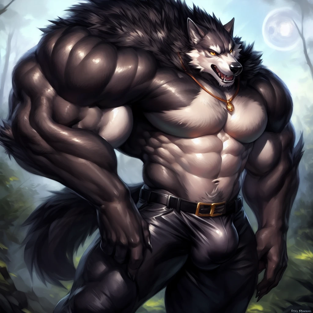 upload on e621, Masterpiece, by Pino Daeni, by null-ghost, by kiyosan, best quality, ultra high res, 4K, 8k HD, 2D, perfect anatomy, digital art, official art, extreme detailed, ultra detailed, strapsanime, color, soft shading, sharp focus, forest woods background, powered up silver thunder aura both arms, 1boy, dark black body fur, silver belly, detailed fluffy fur, ultra detailed face, detailed eyes, detailed iris eyes, detailed yellow eyes, white sclera, black pupils, navel, abs, bare pectoral, bulge, black claw nails, furry wolf male, mature male, dark black giant bulky muscular body fur, hyper muscles, giant size, canid, bigger muscles, huge muscles, huge pecs, huge biceps, canine, canis, mammal, powerful wolf god, wolf male, fierce face, serious expression, badass, wolf anthro, solo, looking at viewer, standing, wearing full complete sleeveless long black and silver coat/jacket, black and silver full complete sleeveless long coat/jacket, shirtless, dark black longest hair, dark black longest back fur hair, dark black longest hair fur front lay on pecs, hair color match his fur color, perfect fingers, dark black hands and fingers, wearing fingerless black gloves, black gloves, one black armbands on biceps, three black armbands on forearms, one silver moon, large black prayer beads necklace with silver moon teardrop pendant attached to prayer beads necklace rest on his tuft pecs, dark black and silver underside long tail, black long pants with silver designs with belt straps on leg