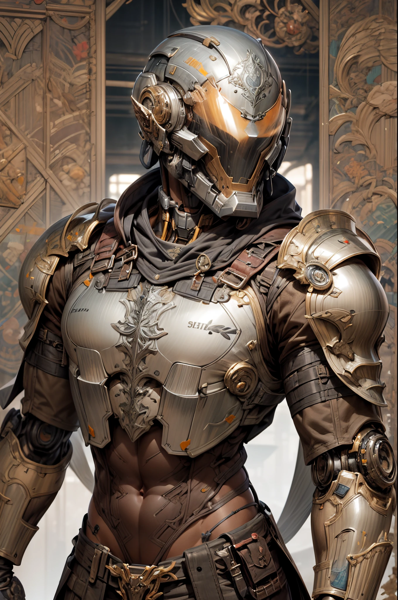 (((An epic and visually stunning digital anime masterpiece featuring a sylphlike masculine ((male:1.5)) decorated military dieselpunk cyborg soldier clad in a sleek yet tactical armored yet decorated leather military trench coat:1.2))), (((flat masculine male chest:1.5, full head covered by a mechanical mecha knight helmet with a visor:1.5))), (((the character adorned in a (scifi tactical armored open front trench coat with a built in exoskeleton) (over a form fitted armor plated yet super sleek and revealing under suit with waist cut outs), the armor plating on the upper arms and shoulders beautifully engraved))):1.4. The image showcases the intricacies of the character’s armor and clothing:1.5, ((capturing their flamboyant essence and heavy mecha aesthetic:1.2)). The character also possesses an androgynous charm, (((with slim yet heavily muscled physique:1.2, sylphlike with a sleek waist, toned yet beautifully sleek cybernetic arms:1.3, mechanical arms and legs:1.3, mecha muscles:1.3))), looking at viewer, (((brass metal armor and brown leather, dieselpunk:1.3))), (((depth of field, cinematic lighting, chromatic aberration, ray tracing, UHD, masterpiece, no hair, super detail, high details, high quality, award winning, 8k, highres)))