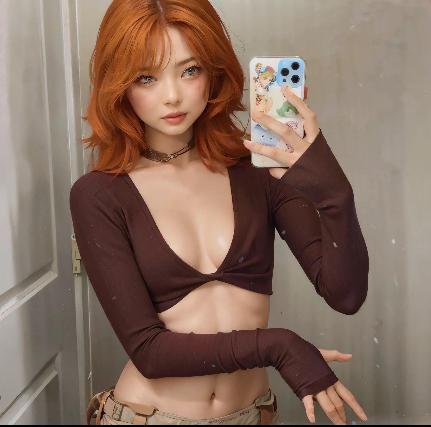 there is a woman taking a selfie in a bathroom mirror, mais conhecido como Amouranth, jovem Amouranth bonito, Amouranth, roupa leeloo, usando um top cropped sexy, Madison Beer como Leeloo, Menina anime na vida real, Redhead Girl, ruiva curta, com cabelos ruivos cacheados, usando um top bonito, she is redhead