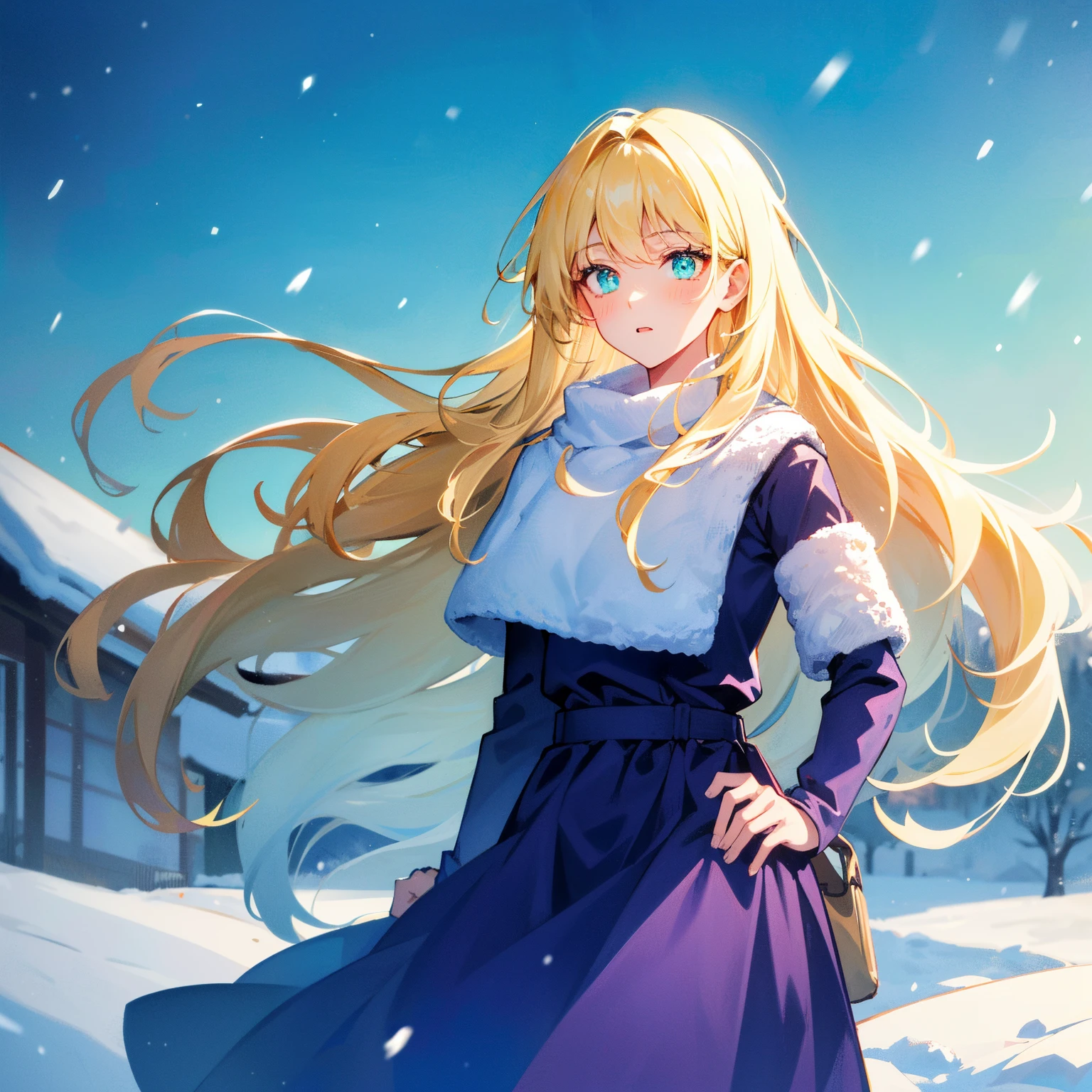 adult blonde girl with long hair, Cyan eyes, purple dress, winter, vibrant background, snowstorm, Cold