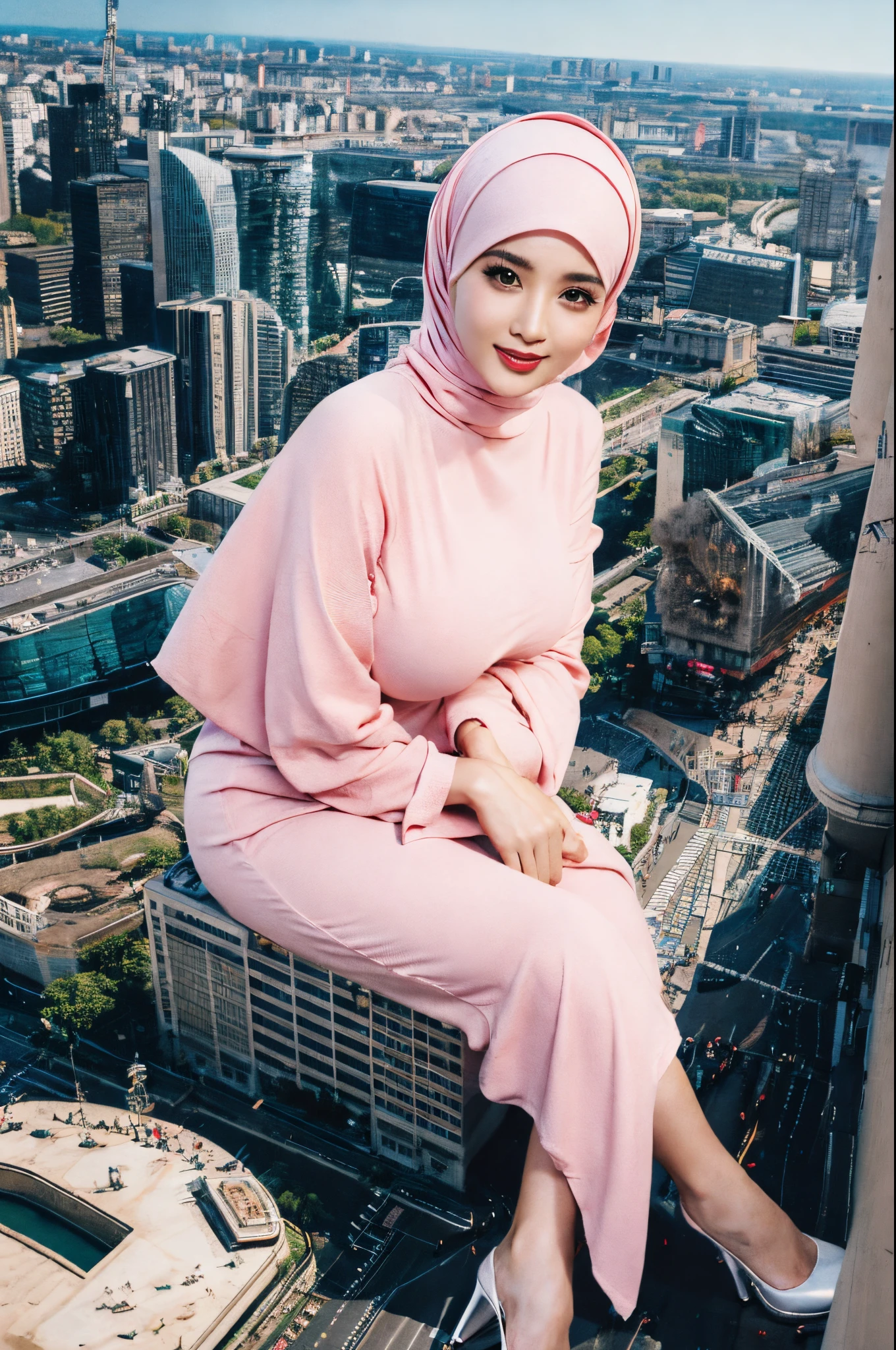 (Best quality, high resolution, masterpiece: 1.3), a beautiful malay woman in hijab, gigantic breasts, slim figure, sweatshirt, beautifully presented details in the street and facial and skin texture, detailed eyes, double eyelids, big eyeschest visible, shirt openfeatures), HDR, 8k resolution, nice fingers, firm skin, (((high detail skin, visible pores))), 1 female, tall body, 30 years old, holding a luxurious handbag(ultra Gigantic Breasts:1.3, heavy hanging breasts, perfect round shape breast), wearing jeans Tight Malay Gamis Pastel Close Up Tight Hijab, big busty red lips, Full Body, Beautiful Shy Smile, Wearing High Heels, In Lux, wearing deep_v-neck_dress, (giga:1.3), giantess, (city destruction:1.35), metropolis, london, aerial view, sitting on a building