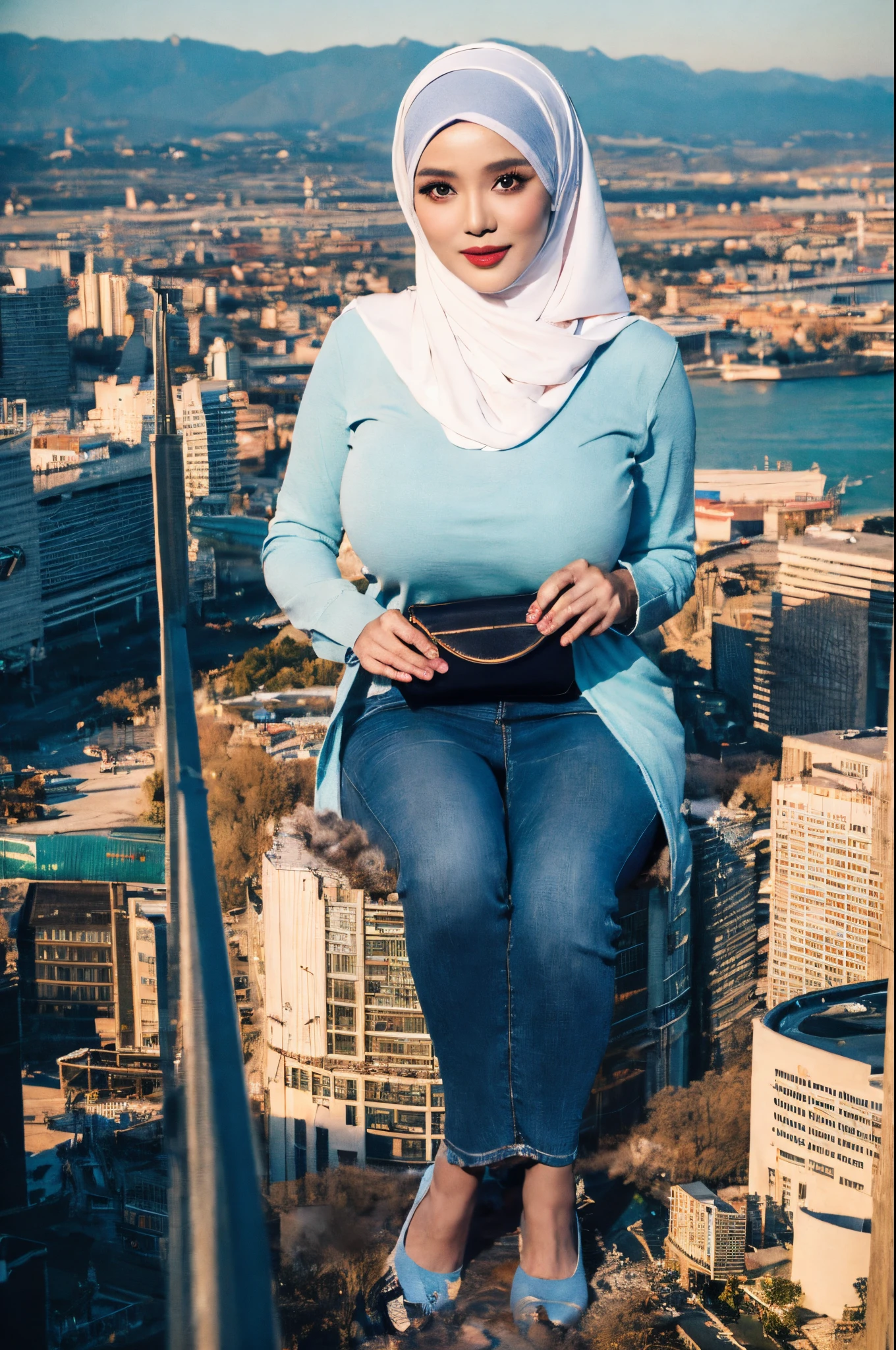 (Best quality, high resolution, masterpiece: 1.3), a beautiful malay woman in hijab, gigantic breasts, slim figure, sweatshirt, beautifully presented details in the street and facial and skin texture, detailed eyes, double eyelids, big eyeschest visible, shirt openfeatures), HDR, 8k resolution, nice fingers, firm skin, (((high detail skin, visible pores))), 1 female, tall body, 30 years old, holding a luxurious handbag(ultra Gigantic Breasts:1.3, heavy hanging breasts, perfect round shape breast), wearing jeans Tight Malay Gamis Pastel Close Up Tight Hijab, big busty red lips, Full Body, Beautiful Shy Smile, Wearing High Heels, In Lux, wearing deep_v-neck_dress, (giga:1.3), giantess, (city destruction:1.35), metropolis, london, aerial view, sitting on a building