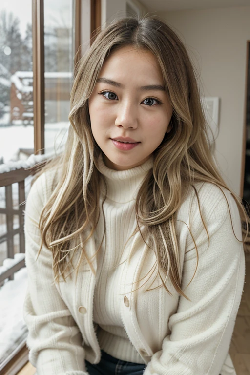 Korean girl in, age24, Solo, Long wavy hair, medium-small tits, long messy windy blonde hair, camera facing down at, at snowy area, standingon floor, looking up at camera, half smile, biting lip, blondehair, Full body, (extremely detailed 8k wallpaper), soft lighting, high quality, film grain, Fujifilm XT3 sharp focus, f 5.6, 50mm, High Detail, Sharp focus,(natural light), (seductive), whit turtleneck, thick stripes, pure white jacket, snowy outfit, revealing, Realistic, A sexy