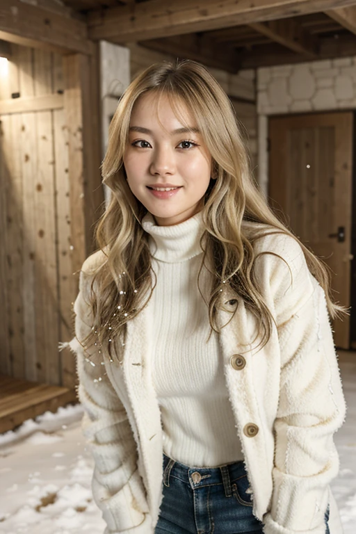 Korean girl in, age24, Solo, Long wavy hair, medium-small tits, long messy windy blonde hair, camera facing down at, at snowy area, standingon floor, looking up at camera, half smile, biting lip, blondehair, Full body, (extremely detailed 8k wallpaper), soft lighting, high quality, film grain, Fujifilm XT3 sharp focus, f 5.6, 50mm, High Detail, Sharp focus,(natural light), (seductive), whit turtleneck, thick stripes, pure white jacket, snowy outfit, revealing, Realistic, A sexy