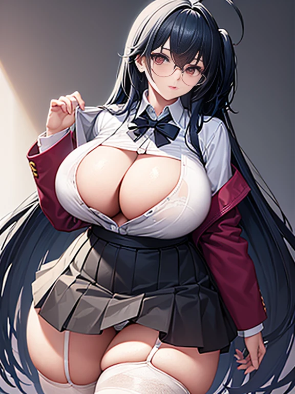 White shirt, long untied hair, pinched eyes, big tits, thick thighs, white panties, white thighhighs, dark purple hip skirt, no bra, glasses, plump, chubby, full body