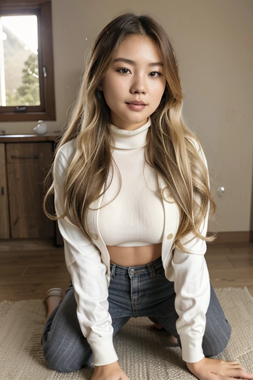 Korean girl in, age24, Solo, Long wavy hair, medium tits, long messy windy blonde hair, camera facing down at, at mountain area, standingon floor, looking up at camera, half smile, biting lip, blondehair, Full body, (extremely detailed 8k wallpaper), soft lighting, high quality, film grain, Fujifilm XT3 sharp focus, f 5.6, 50mm, High Detail, Sharp focus,(natural light), (seductive), whit turtleneck, thick stripes, pure white jacket, hiking outfit, revealing, Realistic, A sexy
