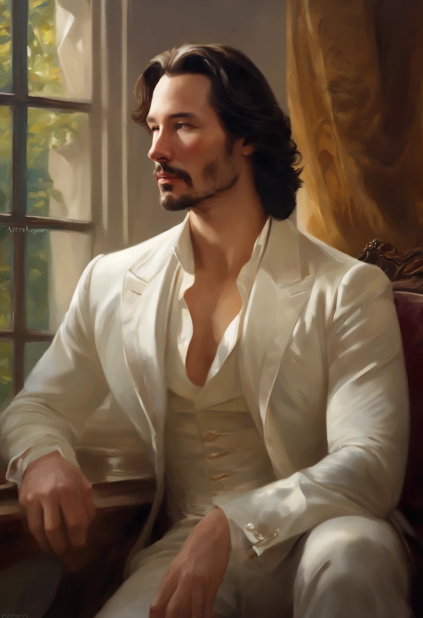 Painting of a handsome and masculine man, ((with long, falling over his shoulders)) and an embroidered masculine suit, ((Duke, from the Victorian Era)), ((keanu reeves style)), in the background of a Paris brothel, Bowater art style, baroque digital painting, renaissance digital painting, masterpiece! inspired by Franz Xaver Winterhalter, inspired by Friedrich von Amerling, beautiful character painting, beautiful digital painting, inspired by Thomas Lawrence, beautiful yywater painting, refraction, reflections, mirrors, prisms, sunlight, bright lights!! Complex, elegant, highly detailed digital painting, art station, concept art, sharp and soft focus, illustration, art by ( ( ( ( Artgerm ) ) ) ) and ( Greg Rutkowski )! and (((Alphonse Mucha))), eyes reflecting in eyes reflecting to infinity