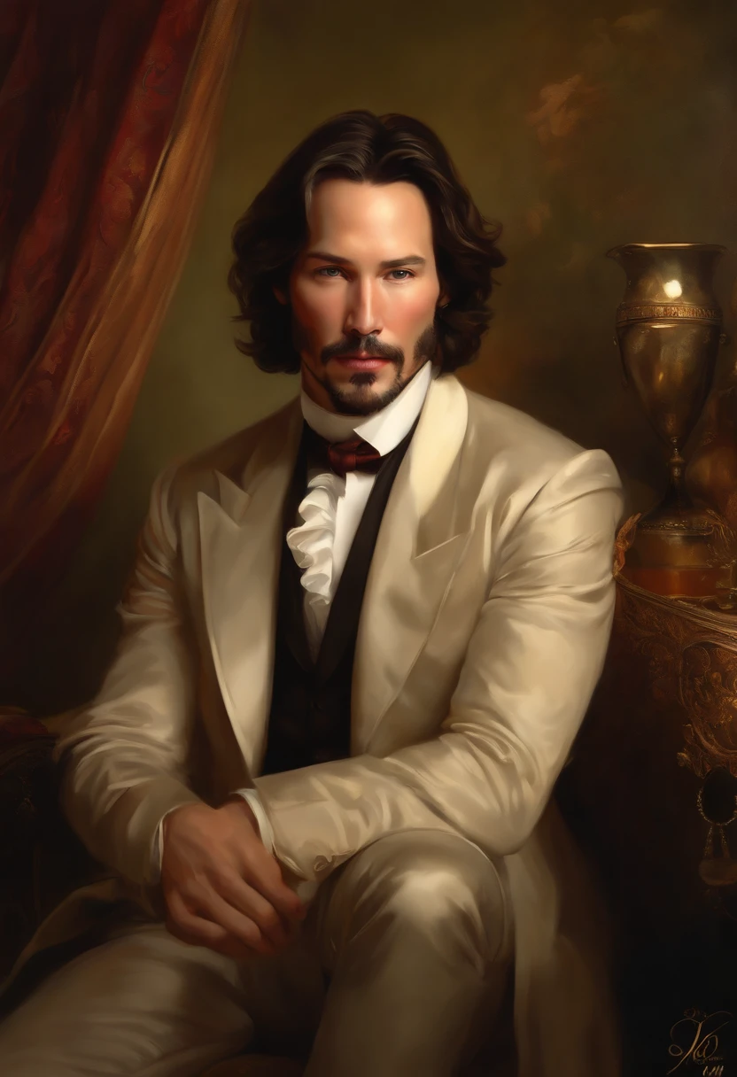 Painting of a handsome and masculine man, ((with long, falling over his shoulders)) and an embroidered masculine suit, ((Duke, from the Victorian Era)), ((keanu reeves style)), in the background of a Paris brothel, Bowater art style, baroque digital painting, renaissance digital painting, masterpiece! inspired by Franz Xaver Winterhalter, inspired by Friedrich von Amerling, beautiful character painting, beautiful digital painting, inspired by Thomas Lawrence, beautiful yywater painting, refraction, reflections, mirrors, prisms, sunlight, bright lights!! Complex, elegant, highly detailed digital painting, art station, concept art, sharp and soft focus, illustration, art by ( ( ( ( Artgerm ) ) ) ) and ( Greg Rutkowski )! and (((Alphonse Mucha))), eyes reflecting in eyes reflecting to infinity