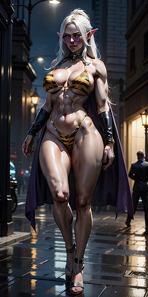 Full body, masterpiece, female drow elf purple skin standing pose (yellow tiger bikini), red cape, red bikini, long white hair, strong body, abs, Ultra Quality, Shiny Skin, Atmospheric, 8K, Cinematic, ((Street background)), BREAK, Sunglasses