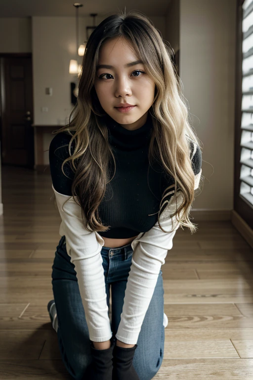 Korean girl in, 24, Solo, Long wavy hair, medium tits, long messy windy blonde hair, camera facing down at, at club, standingon floor, looking up at camera, half smile, biting lip, blondehair, Full body, (extremely detailed 8k wallpaper), soft lighting, high quality, film grain, Fujifilm XT3 sharp focus, f 5.6, 50mm, High Detail, Sharp focus,(natural light), (seductive), whit turtleneck, thick stripes, pure white jacket, black turtleneck,Balck jeans , black boots, revealing, Realistic, A sexy