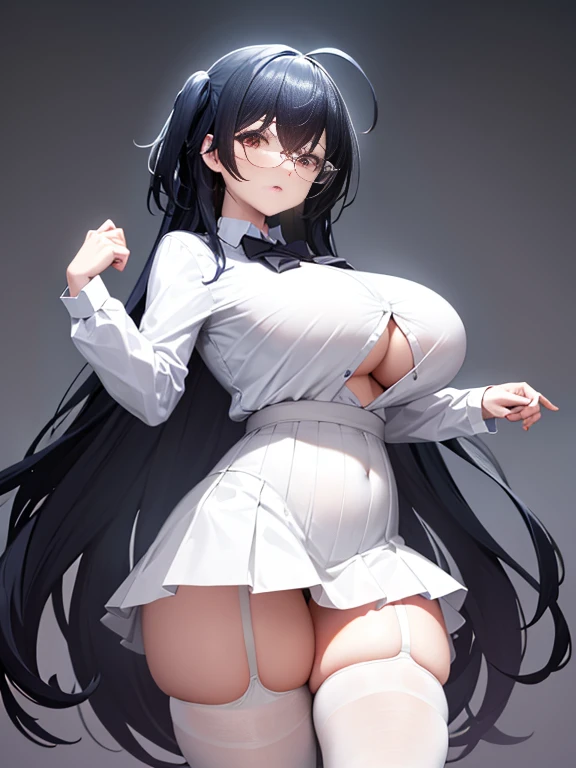 White shirt, long untied hair, pinched eyes, big tits, thick thighs, white panties, white thighhighs, dark purple hip skirt, no bra, glasses, plump, big belly, full body