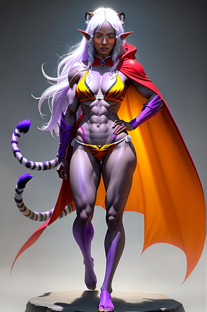 Full body, masterpiece, 1solofemale drow elf purple skin standing pose (yellow tiger bikini) cape, bikini, long white hair, strong body, abs, Ultra Quality, shiny skin, Atmospheric, 8K, Cinematic BREAK, sunglasses, 2legs, 2arms, muscle abs toned, slender body, long silver white hair, purple eyes, hands on hips red gloves gauntlets, red military boots ((plain background))