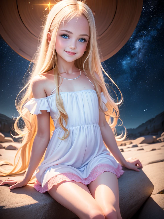 (absurdres, highres, ultra detailed), 1 girl, beautiful, blonde, long hair, blue eyes, innocent face smiling, pink lipstick, full body, looking the stars, short white summer dress, (spread legs:1.2), childish panties , panties visible, sitting in some rocks in the wild, nighttime, starry sky, moonlight