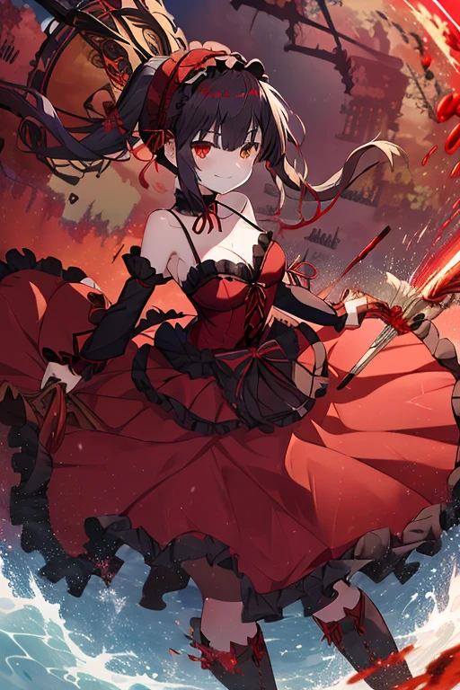 masterpiece, best quality, highres, 1girl, aakurumi, long hair, twintails, hairband, heterochromia, medium breasts, cleavage, black choker, red ribbon, bare shoulders, gothic, red dress, red bow, detached sleeves, red skirt, holding weapon, gun, outdoors, smile, (raising skirt to reveal wet pussy) (seductive smile)