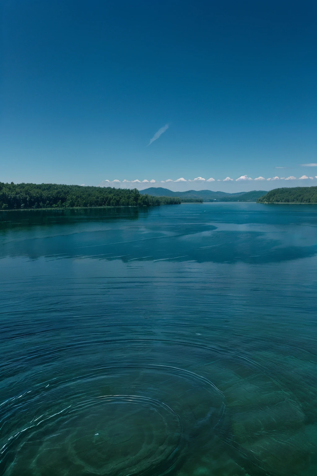 (best quality,realistic,photorealistic:1.37),blue water lake,calm water surface,no ripples,looking straight down,lake surrounded by lush green trees,clear blue sky,reflections of trees and sky on the water surface,sunlight gently shining on the lake,crystal clear water,hint of mountains in the distance,peaceful and serene atmosphere,vivid colors,masterpiece:1.2