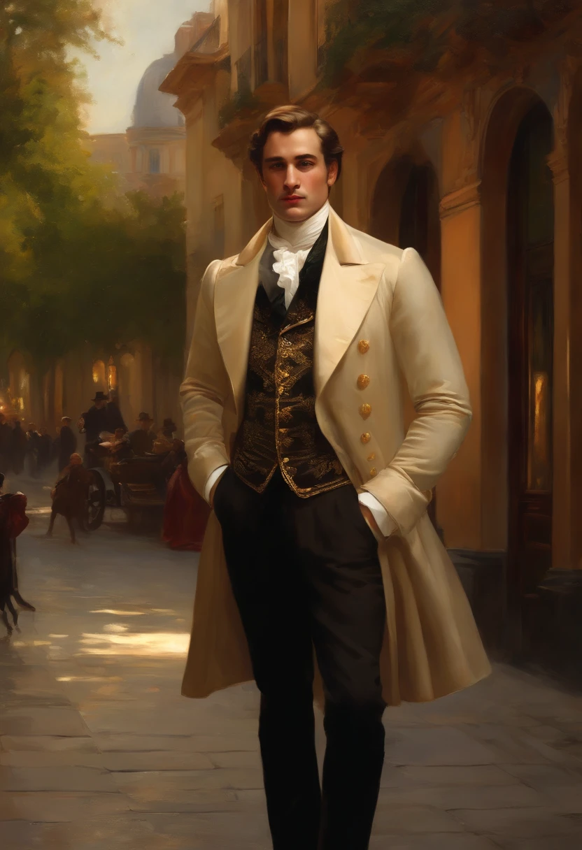 Painting of a handsome and masculine man, ((with long, falling over his shoulders)) and an embroidered masculine suit, ((Duke, from the Victorian Era)), (( robert de niro style)), in the background of a Paris brothel, Bowater art style, baroque digital painting, renaissance digital painting, masterpiece! inspired by Franz Xaver Winterhalter, inspired by Friedrich von Amerling, beautiful character painting, beautiful digital painting, inspired by Thomas Lawrence, beautiful yywater painting, refraction, reflections, mirrors, prisms, sunlight, bright lights!! Complex, elegant, highly detailed digital painting, art station, concept art, sharp and soft focus, illustration, art by ( ( ( ( Artgerm ) ) ) ) and ( Greg Rutkowski )! and (((Alphonse Mucha))), eyes reflecting in eyes reflecting to infinity