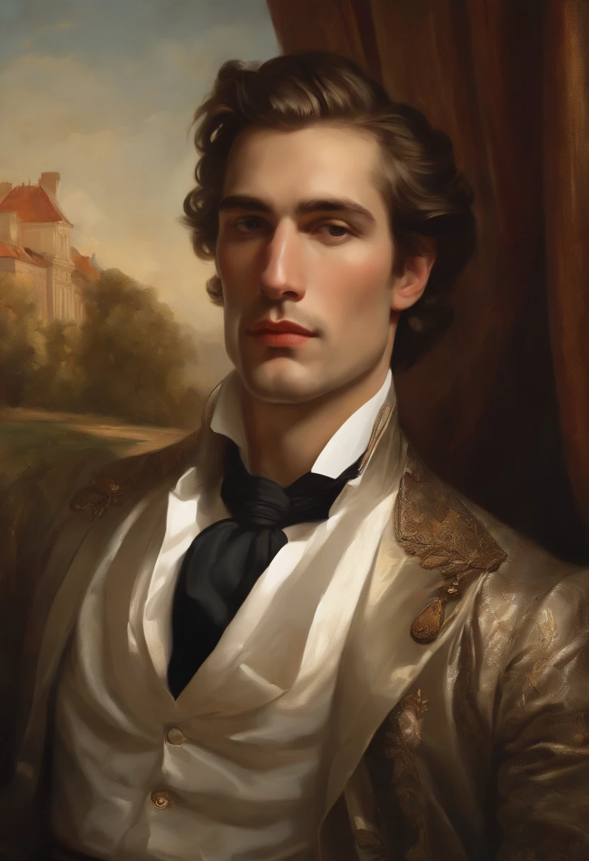 Painting of a handsome and masculine man, ((with long, falling over his shoulders)) and an embroidered masculine suit, ((Duke, from the Victorian Era)), (( robert de niro style)), in the background of a Paris brothel, Bowater art style, baroque digital painting, renaissance digital painting, masterpiece! inspired by Franz Xaver Winterhalter, inspired by Friedrich von Amerling, beautiful character painting, beautiful digital painting, inspired by Thomas Lawrence, beautiful yywater painting, refraction, reflections, mirrors, prisms, sunlight, bright lights!! Complex, elegant, highly detailed digital painting, art station, concept art, sharp and soft focus, illustration, art by ( ( ( ( Artgerm ) ) ) ) and ( Greg Rutkowski )! and (((Alphonse Mucha))), eyes reflecting in eyes reflecting to infinity