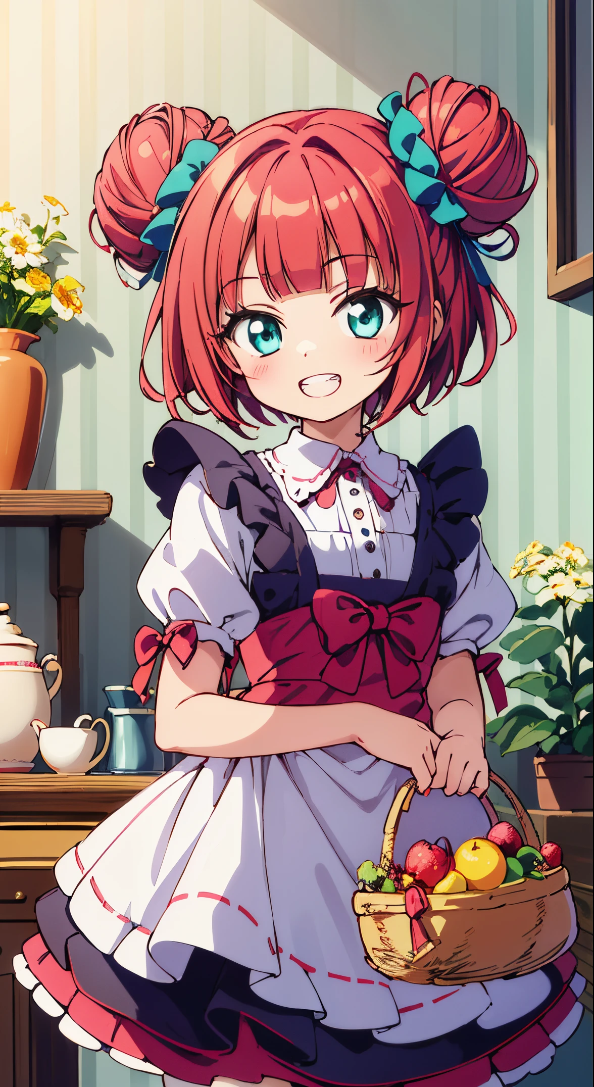 (masutepiece, Transparent air, Transparent eyes,Best Quality, Perfect Anatomy, High quality:1.4), absurderes, absolutely resolution, unbelievable Ridiculous, hight resolution, ultra-detailliert, Official art, Unity 8k壁纸, Kinetic typography,nice hand, Perfect hands, Detailed beautiful hands, Large_filesize, fulcolor, hight resolution, symmetric, exceptional, Best aesthetic, newest, Anime, very beautiful detailed body,The hair,faces,The eye, BREAK,  1 beautiful girl, (Cute:1.5), (Chibi: 0.8), (kawaii: 1.5), (Lori: 0.5), (17 years old girl), BREAK(Red hair, short-hair,2 hair buns,Blunt bangs:1.4),(:D,grin:1.3),{Heterochromia,pale blue eyes,pale green eyes, Eye Highlights,The first hyperfine stars:1.5},Star eyes silhouette thick eyelashes, Double eyelids:1.2),(de pele branca),BREAK,Clear skin,Beautiful skin, ,(best quality face),(Top quality glowing eyes),(The best smile,:D:1.45) ,

BREAK,Indoor, (Narrow waist), wide hips, polypropylene,(Happy,Smile:1.3), (((Cute Patchwork Quilt,kawaii room,Embroidery Accessories,)))(((Girly Goods,Cute Quilted Patchwork Toys,bow ribbon,Quilt Patchwork,basket))),

,BREAK,(((to stand))), In the garden, Daylight, Detailed background, The table,Showroom,tee,basket,bottles,butter,flower,a cake,food,hawke,] Knives,fruit,Cute glass teapot,raspberry,Fruit Pound Cake,fruitcake,Fruit tart,apple pie,daisy,veggies,....jar,vases,bottles,Leaves,Lemon cake,Lily_(flower),Apron,Kotaheko Address, (((((head-on))))),Waterfall,depth of fields,

 BREAK,wakame,wakame,wakame,(Cowboy Shot:1.4), 

BREAK,(Blurry background:1.3),(absurderes, hight resolution, Super Detail Art),cel shading,Clear Color, Lonely optical effect, Beautiful pictures, Bright glow, mystic atmosphere,(Close-up of girl:1.1), Mystical light particle effect,manga influence, clean line drawings,