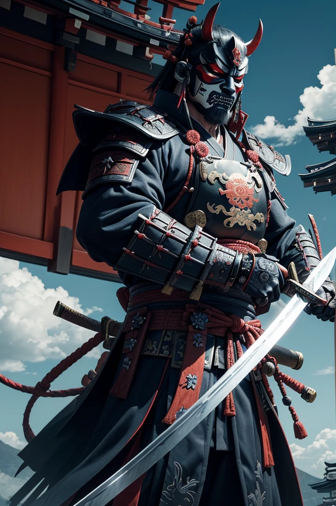 (demon samurai)、(Demon Mask)、独奏、Like the whole body、(Armed with a long and large Japan sword)、facing front,magnificent artwork、((Kyoto panel painting style))、Wind-effect:1.9、Cloud Effects:1.2、Blue and black armor、Full Rendering、Encaustic Painting、unrealengine、