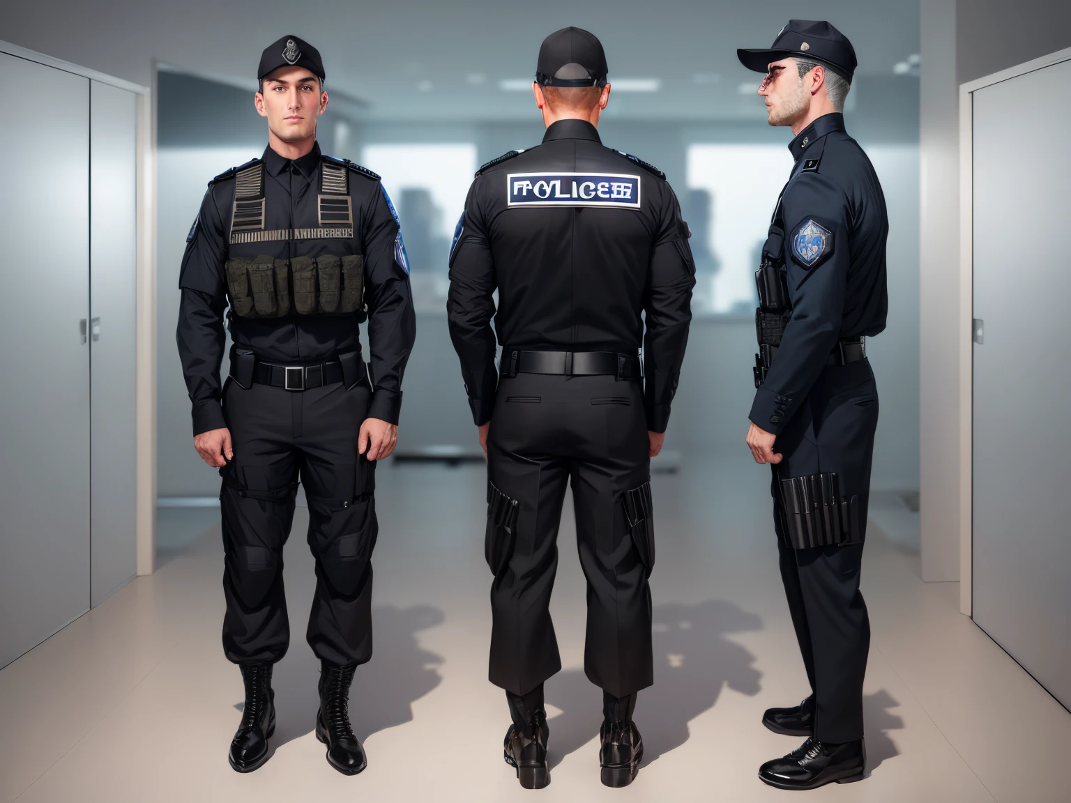 three men in black uniforms stand next to each other against the backdrop of an office, Black Armoured Uniform, Full Uniform, office, police uniform, Officer's uniform, in a black military uniform, Embroidered uniform guard, Black Tactical Gear, in black uniform, Ceremonial uniform, outfit: blow, Special Forces Protection, uniform, future soldier clothing, full soldier clothing, Wearing a police uniform, Avant-garde uniforms, Wearing a military uniform, office security